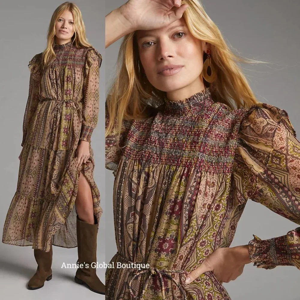 NWT ANTHROPOLOGIE Llani Smocked Tiered Midi Dress. Size M - Picture 16 of 16